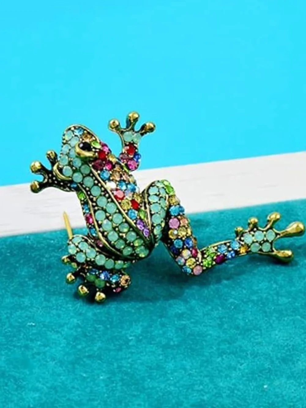 Multicolor Crystal Frog Brooch with Gold Tone